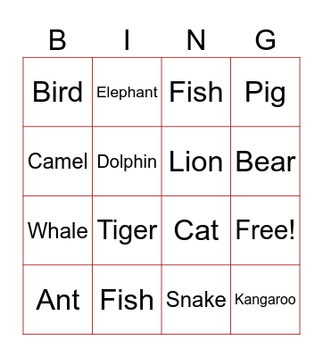 Animals Bingo Card