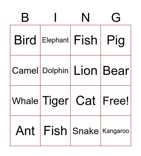 Animals Bingo Card