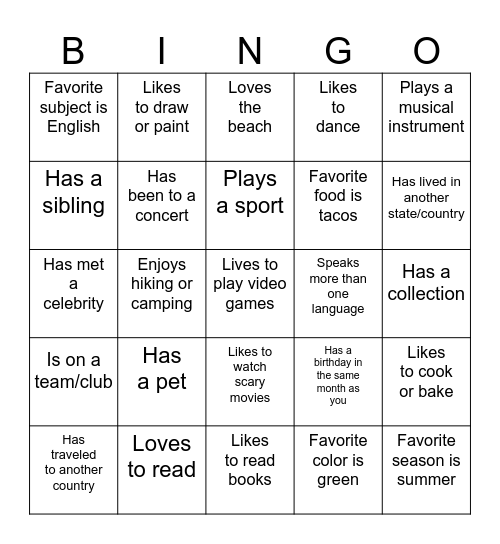 Classroom Bingo Card