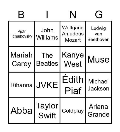 Music Quiz Bingo Card