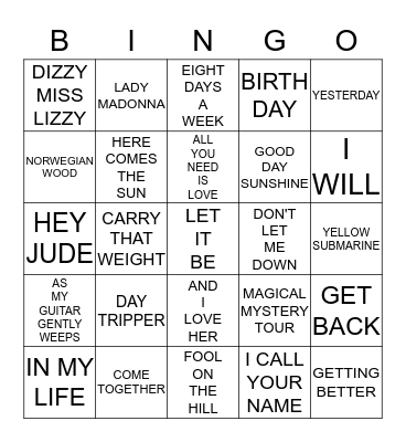 BEATLE SONGS BINGO Card