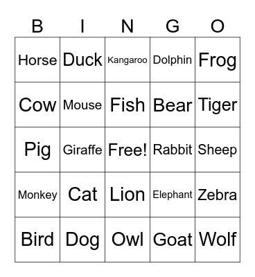 ANIMALS Bingo Card