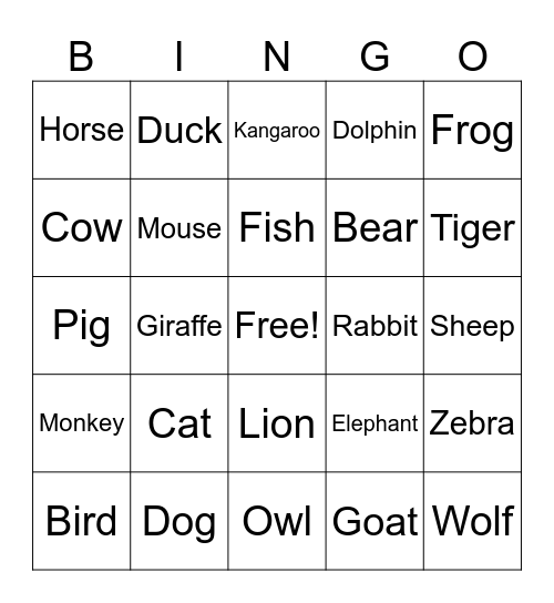 ANIMALS Bingo Card