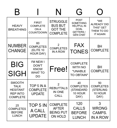 MONDAY Bingo Card