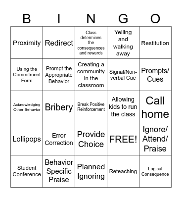 Discouraging Inappropriate Behavior Bingo Card