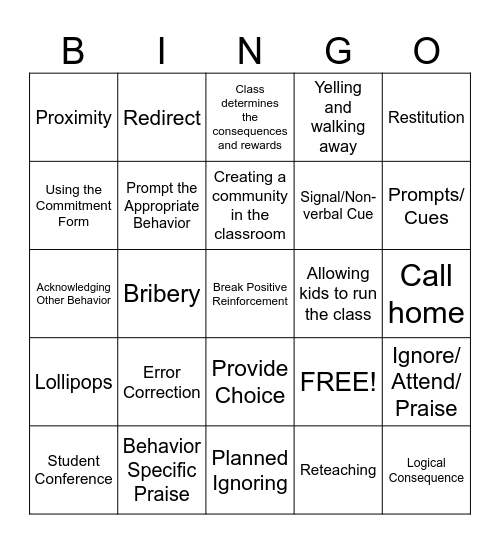 Discouraging Inappropriate Behavior Bingo Card