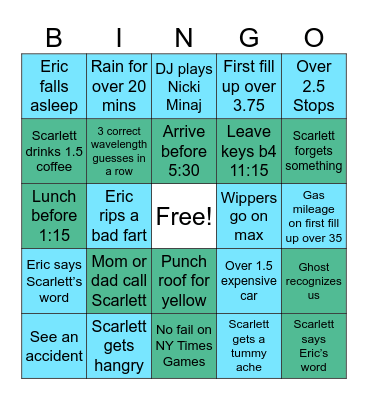 Back to School Roadtrip Bingo Card