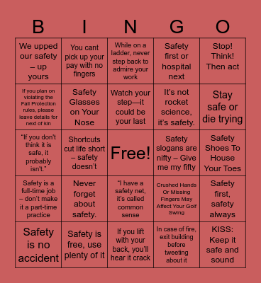 Safety Phrases Bingo Card