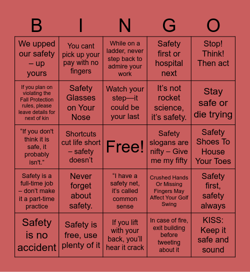 Safety Phrases Bingo Card