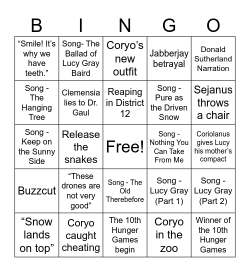 The Hunger Games: The Ballad of Songbirds and Snakes Bingo Card