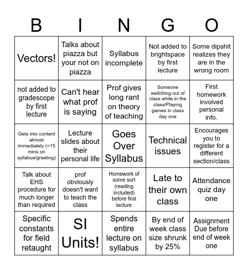 First week Bingo Card