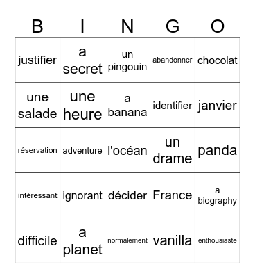 French-English Cognates Bingo Card