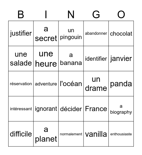 French-English Cognates Bingo Card