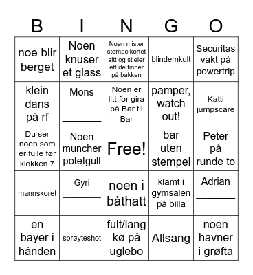 Bar til Bar Bingo Card