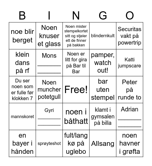 Bar til Bar Bingo Card