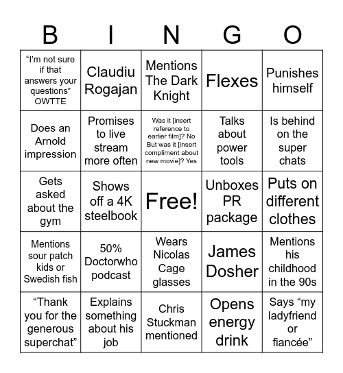 John Flickinger Live Show Bingo Card