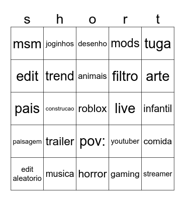 shorts Bingo Card