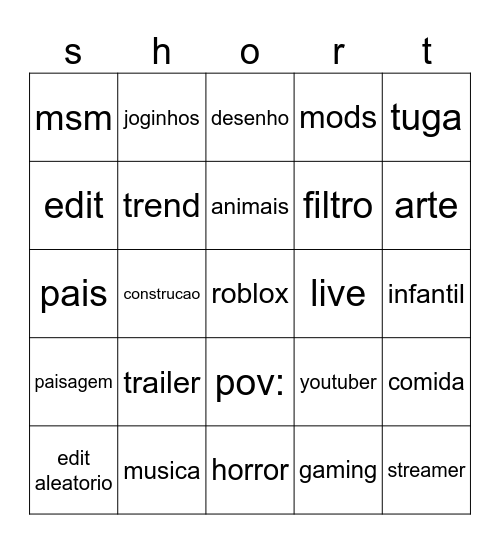 shorts Bingo Card