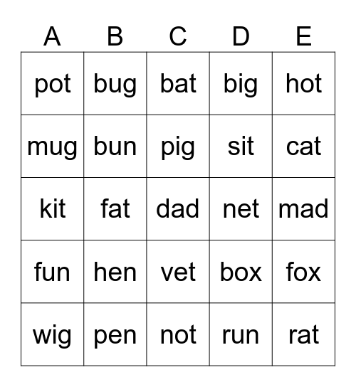 Phonics Bingo Card