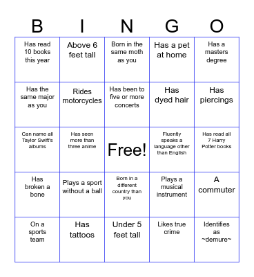 Honors Human Bingo Card