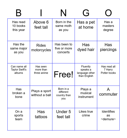 Honors Human Bingo Card