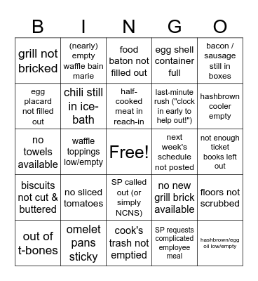 Waffle House Bingo Card