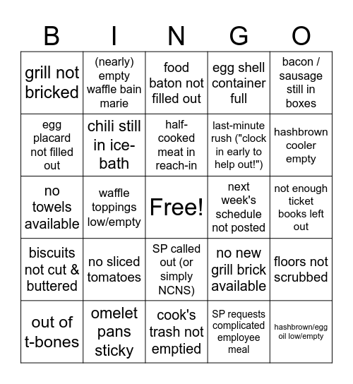 Waffle House Bingo Card