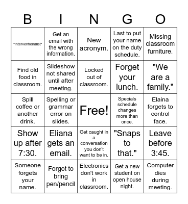 Back to School Bingo Card