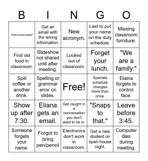 Back to School Bingo Card