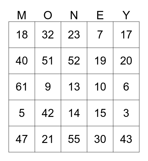 $$ SHOW ME THE MONEY $$ Bingo Card