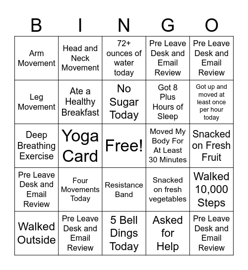 August Wellness Bingo Card