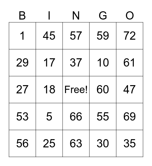 1-75 Bingo Card