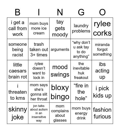 family life Bingo Card