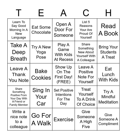 Teacher Self Care Bucket List Bingo Card