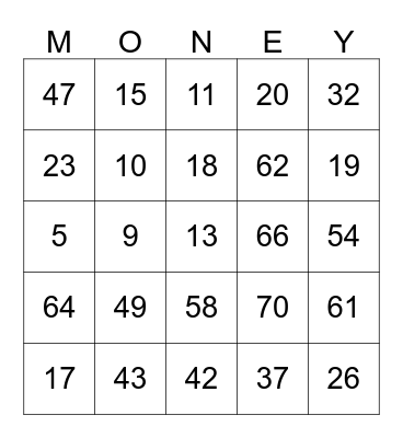 $$ SHOW ME THE MONEY $$ Bingo Card