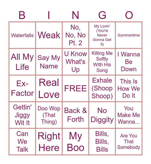 90's R&B Music Bingo Card