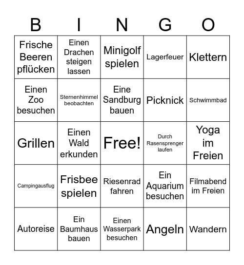 Sommeraktivitäten-Bingo Card