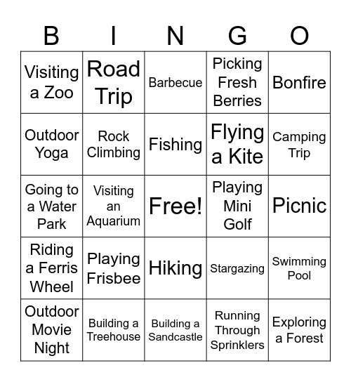 Summer Activities Bingo Card