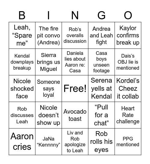 Love Island Reunion Bingo Card