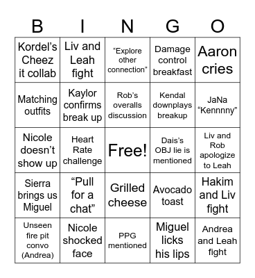 Love Island Reunion Bingo Card