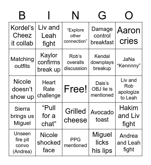 Love Island Reunion Bingo Card