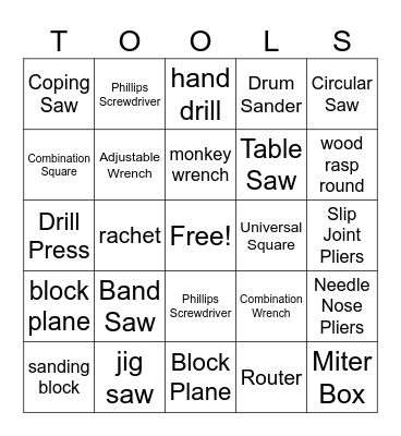 Intro to Woodshop Tools Bingo Card
