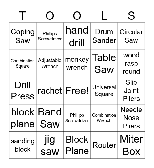 Intro to Woodshop Tools Bingo Card