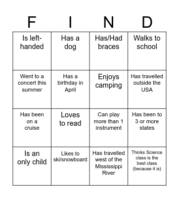 Find them! Bingo Card
