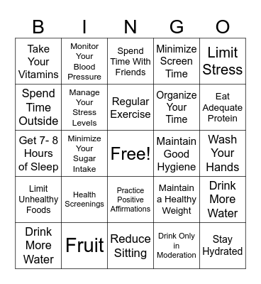 Healthy Living Bingo Card