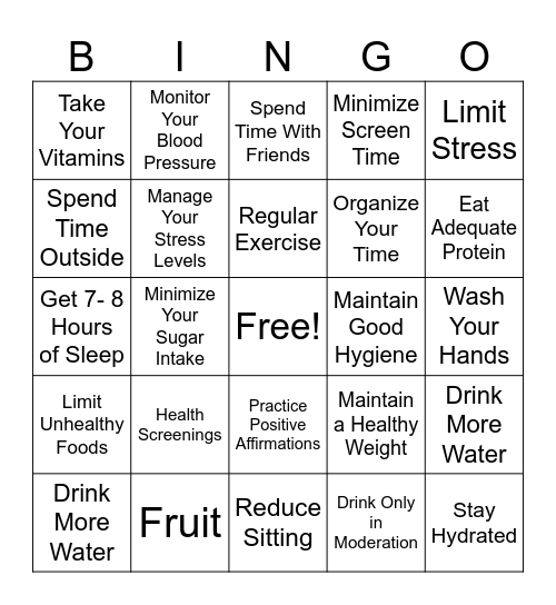 Healthy Living Bingo Card