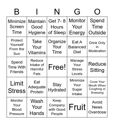 Healthy Living Bingo Card