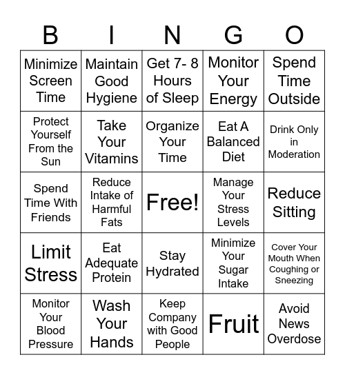 Healthy Living Bingo Card