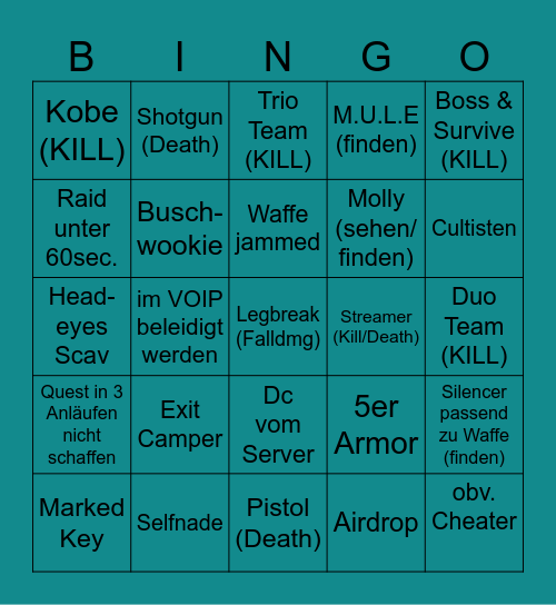 Tarkov Wipedays BINGO Card