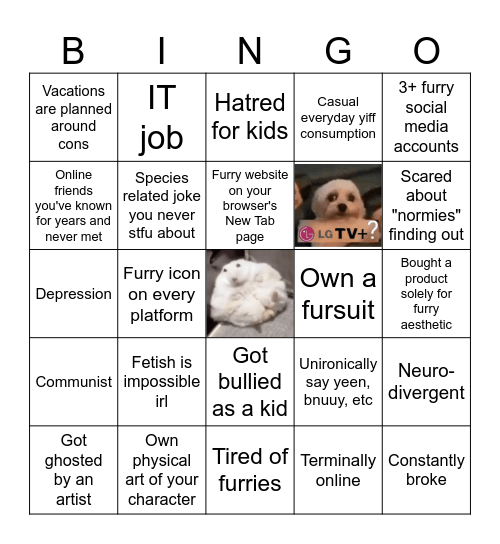 Furry bingo but it's not made by a child Bingo Card